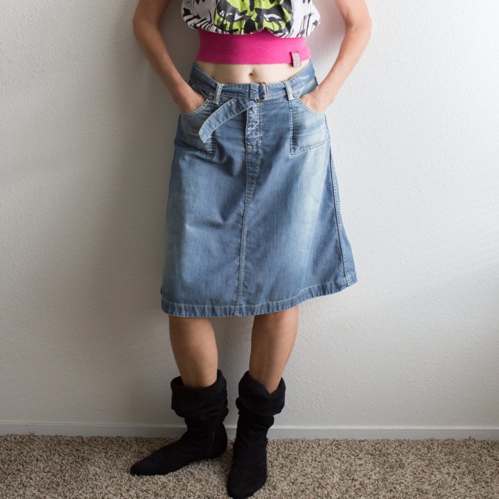 Vintage 4 in 1 Miss Sixty Reversible Blue Jean Denim Wrap Around Belted Skirt M